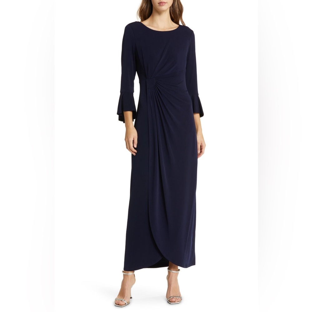 Connected Apparel Bell Sleeve Gathered Waist Gown Navy Blue Size 6